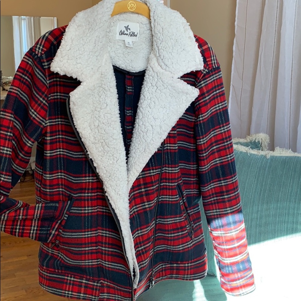 Others Follow Red Navy  Plaid Sharpa Jacket